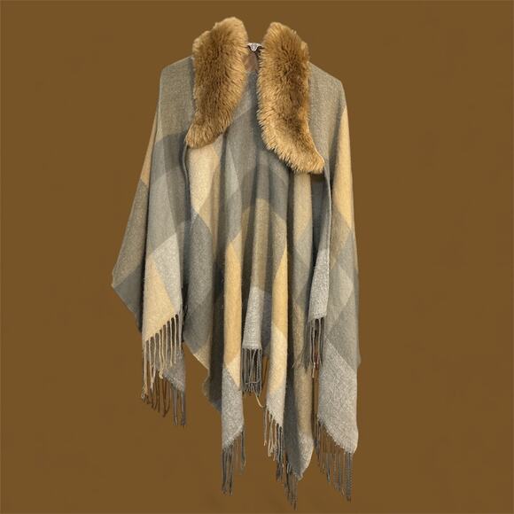 Grey/Beige Plaid Poncho One Size - Picture 2 of 5